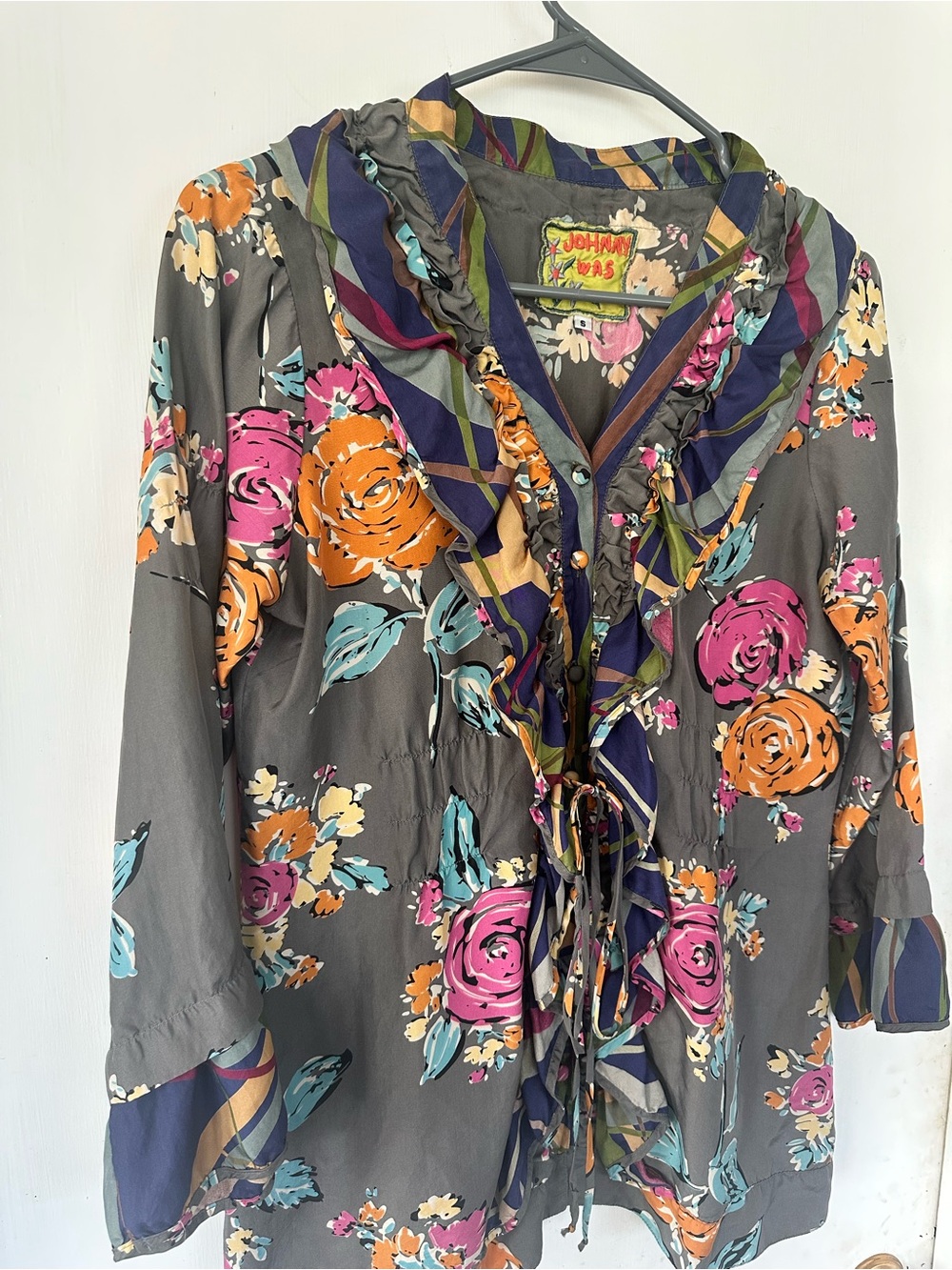 Johnny Was Abstract Rose Silk Blouse Top Grey Pink Orange Size Small - Picture 2 of 5